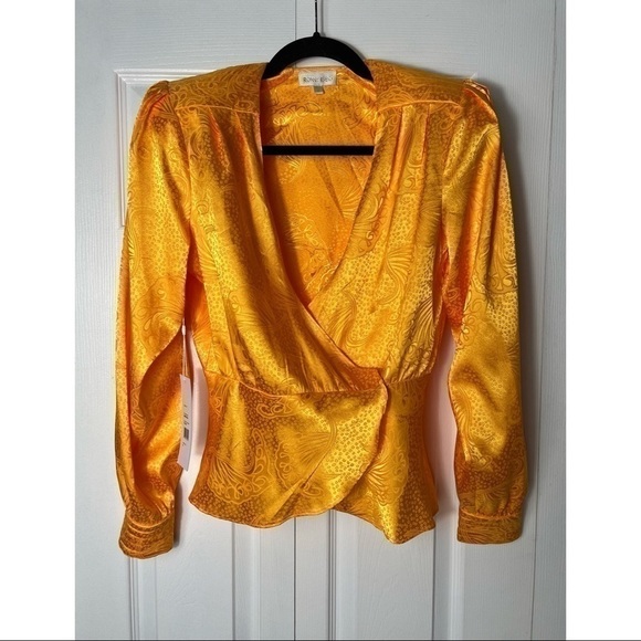 Ronny Kobo Collection Tops - Ronny Kobo Yellow Lorie Patterned Satin Long Sleeve V-Neck Blouse Size Small